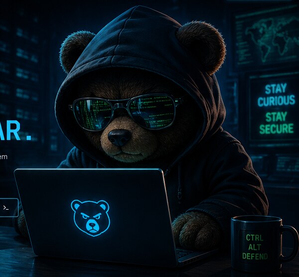 Dark hacker teddy bear mascot at a laptop
